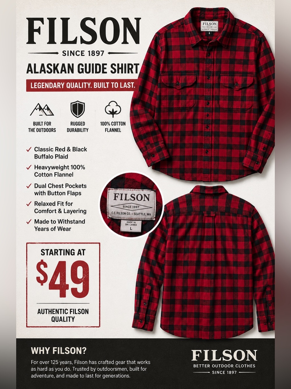 Filson Red and Black Buffalo Plaid Alaskan Guide Shirt